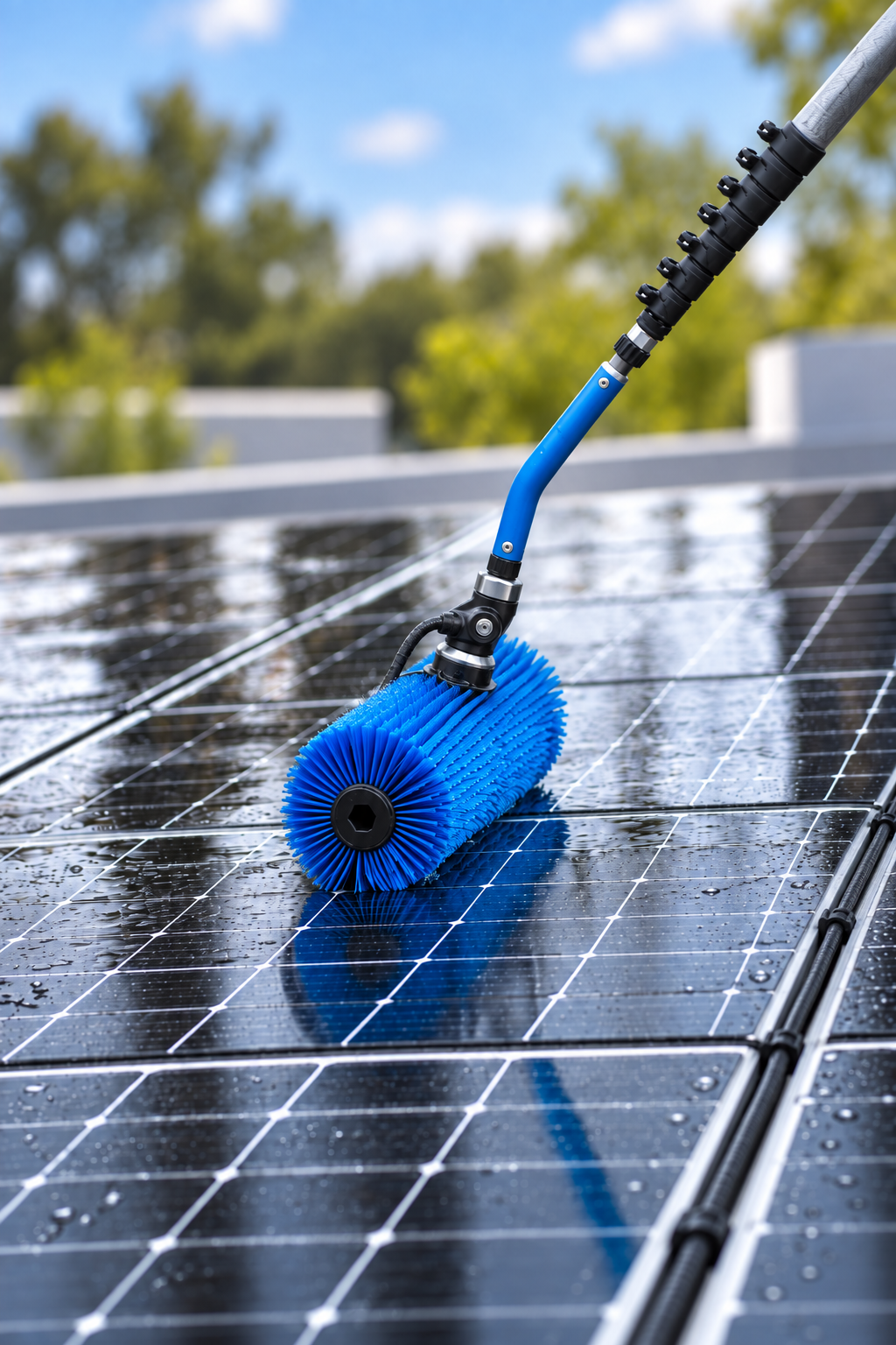Reinigung von Solarmodulen mit rotierender Bürste und Osmosewasser